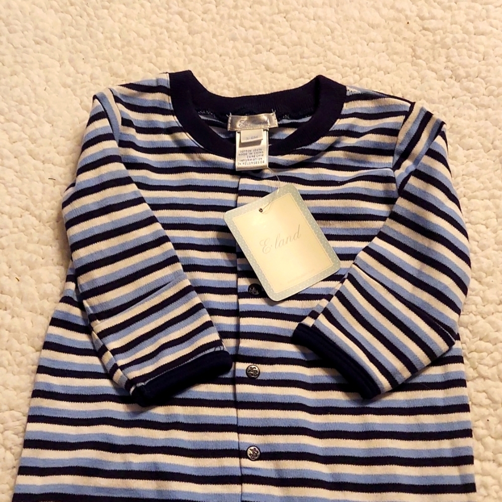 E. Land blue striped one piece outfit
